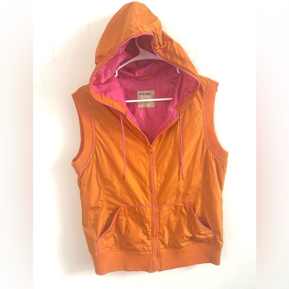 Vintage Y2K Old Navy Women’s Windbreaker Vest Jacket Large Orange Pink Zip Up